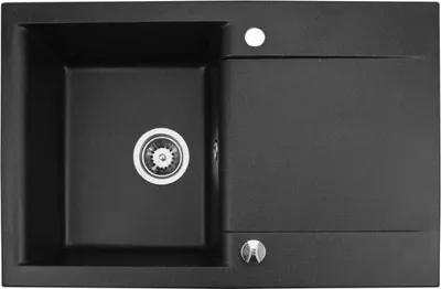 A top-down view of a black kitchen sink with a drain and a drying area.
