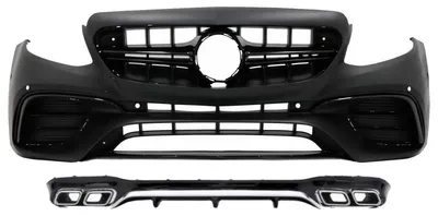 Productafbeelding van Stootbalk voor Mercedes E W213 (modeljaren 2016-2019), met E63-look diffuser en chroom uitlaatpijpen.