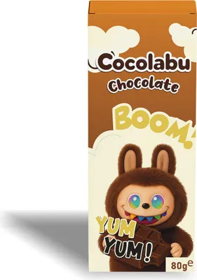 A close-up of a chocolate bar packaging with a cartoon character.