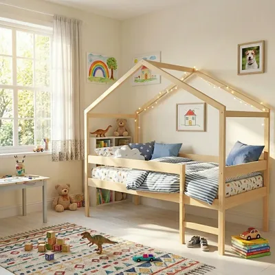 Produktbild von Hausbett MIKA mit Lattenrost/ Kinderbett 90x190 - Naturholz