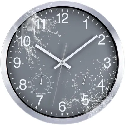 Imagen del producto de Omgoods: Reloj de pared para exteriores, resistente al agua, con indicador de temperatura y humedad