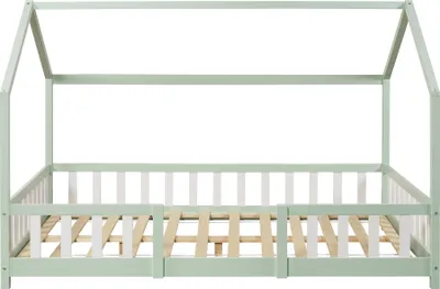 Produktbild von Kinderbett ’Sisimiut’ in Haus-Optik mit Rausfallschutz Kiefernholz 120 x 200 cm Mintgrün / Weiß