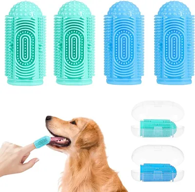Produktbild von Hundezahnbürste Hunde-Fingerzahnbürste 4 Stück für Hunde,Katzen,Welpen Zahnpflege&frische Atmen,Silikon,vollständig umgebene Borsten, wiederverwendbar mit Aufbewahrungsbox(2blau+2grün)