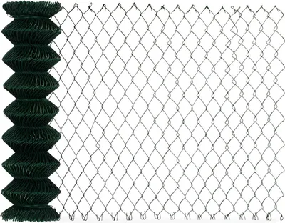 A roll of green chain-link fence with a PVC coating, shown against a white background.