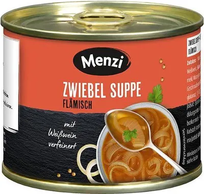 Produktbild von Menzi Zwiebel Suppe flämisch 1000 Ml Dosen  Tafelfertig - in der praktischen 5er Stange = 5 Dosen à 200 ml Vegetarisch Frei von Ei