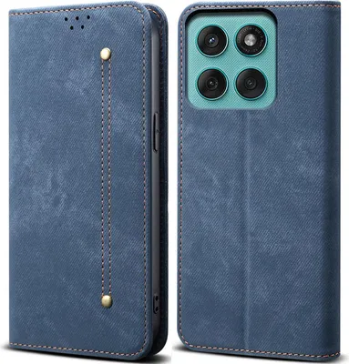 A blue flip-style phone case for a Motorola Edge 60 is shown, with the phone inserted into the case on the right side of the image, and the case closed on the left.