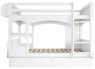Image de Lit multifonctionnel pour enfant - 90 x 200 cm - Bureau rabattable - Étagère - Escalier avec 2 tiroirs - Sans matelas - Blanc