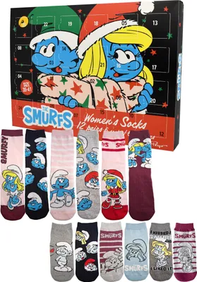 Produktbild von Die Schlümpfe Adventskalender mit 12 Paar Socken Größe 35-41 für Damen Weihnachtskalender mit Sneakers und langen Socken