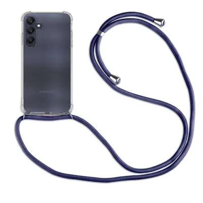 A smartphone in a clear case with a blue lanyard attached, displayed on a white background.