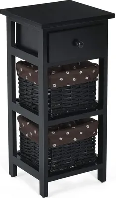 Zdjęcie produktu dla KOMFOTTEU stolik nocny z 2 wyjmowanymi koszami, stolik nocny z 1 szufladą, drewniany stolik nocny, szafka nocna 28x26x60cm do salonu, sypialni (czarny, 1 sztuka)