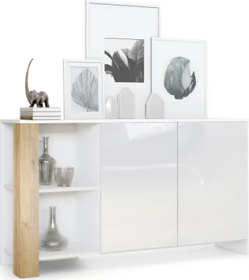 Produktbild von Vladon Sideboard Canto,  Germany, lange Anrichte mit 2 Türen und 6 Fächern, Korpus Weiß matt, Fronten Weiß Hochglanz, Nachbildung-Paneele Eiche Natur (143 x 81 x 36 cm)