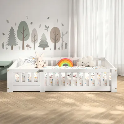 Obrázok produktu pre Detská postel INONEFT, podlahová, rozmer 120 x 200 cm, s roštom, drevená postel s bočnicami a dverami, detská posteľ, biela
