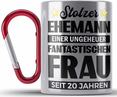 Produktbild von Trendation - Edelstahl Tasse Karabiner 20 Jahre Verheiratet Geschenk Ehemann Lustiger Spruch 20. Hochzeitstag (Rot)