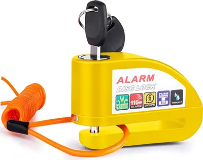 Produktbild von VINZ Elbroes Bremsscheibenschloss | Bremsscheiben Alarmschloss Locker Schloß Motorradschloss Rollerschloss | Alarm 110db Laute Sirene | ø6mm | Gelb