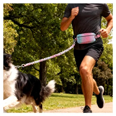 Produktbild von Verstellbare Joggingleine für Hunde mit Bauchgurt, Laufgürtel-Hundeleine mit zwei Griffen, reflektierenden Nähten, Gürteltasche und elastischer Laufleine (Rosa)