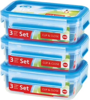 A stack of three clear plastic food storage containers with blue lids.