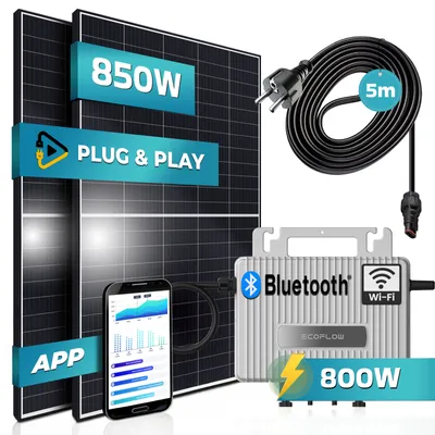 Produktbild von SUNNIVA® Balkonkraftwerk 850/800W Solaranlage mit EcoFlow Stream Micro Wechselrichter Wifi Bluetooth, upgradebar drosselbar, 5m Kabel