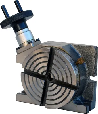 A close-up studio shot of a metal dividing head, also known as a rotary table, on a white background.