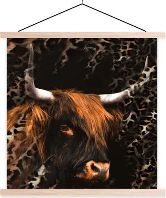 Produktbild von MuchoWow® Textilposter Schottisches Hochlandrind - Pantherdruck - Design 40x40 cm mit holzfarbenen Rahmen - Posterleiste