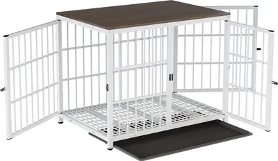 Produktbild von Schwere Hundekennel - Metall Holz Hundekennel - Möbelstil - Kennel - Abnehmbares Tablett - Weiß - 78x57x65