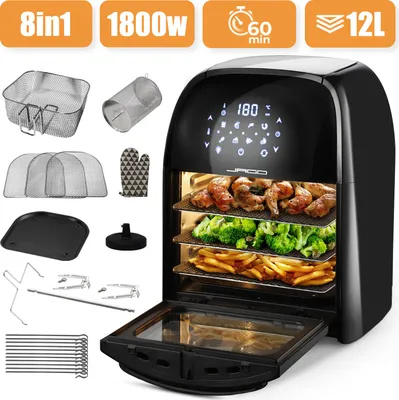 Produktbild von Jago® XXXL 8in1 Heißluftfritteuse 12L + 10 Zubehör - 1800W, LED Display mit Touch Screen, 8 Programme / Timer, Ohne ÖL - Airfryer, Heißluft, Fritteuse, Heißluftofen, Backofen, Dehydrator, Grill