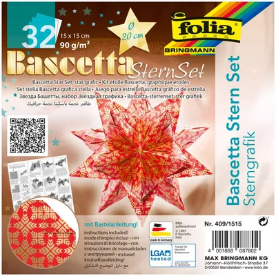 Produktbild von folia Faltblätter Bascetta-Stern 150 x 150 mm 32 Blatt 90 g/qm rot bedruckt