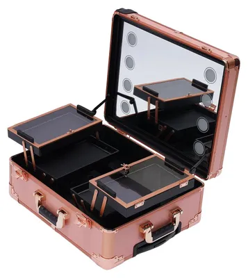 Image de Trousse de maquillage - Trousse cosmétique - Miroir LED - Réglable en hauteur - Tissu - Portable - Multifonctionnelle - Or rose