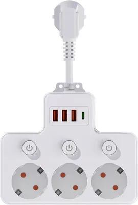 Produktbild von 3/4-facher Steckdosenverteiler – Jede Steckdose einzeln schaltbar, wandmontierbar, mit 3 USB A-Ports & 1 USB C-Port, Doppelstecker, weiß