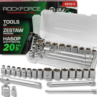 Produktbild von ROCKFORCE WERKZEUGSATZ 3/8" Stecknüsse 20-tlg mit Adaptern und VERLÄNGERUNGEN
