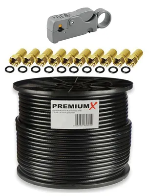Produktbild von PremiumX 100m BASIC Koaxialkabel schwarz 135dB SAT Abisolierer 10x F-Stecker