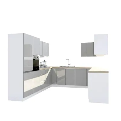 Produktbild von Winkelküche 320 x 280 x 260 cm ohne Arbeitsplatte Eckküche Einbauküche Küchenblock Ohne E-Geräten , Aspen KA17-M320 , Grau/Hochglanz