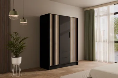 Produktbild von ALTDECOR Kleiderschrank mit selbstschließenden, Lamellentüren, Lamellen, Flügeltüren - NELIA - 150 cm Schwarz / Artisan