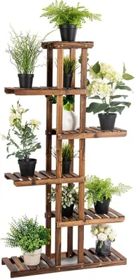 Produktbild von Pflanzenregal aus Holz, 6 Ebenen Blumenständer, Blumenbank mit Tragfähigkeit von 10kg pro Regal, Pflanzentreppe mit Dichtem Abstand, für Innen-Balkon Wohzimmer Garten, Braun