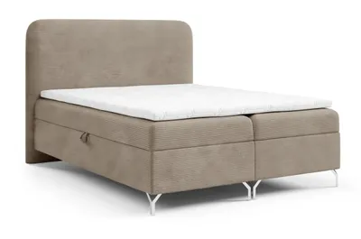 Image de Lit avec sommier à ressorts et matelas 200x200 Rotos, revêtement en tissu cordé - Lit double avec surmatelas, coffre de lit - Beige