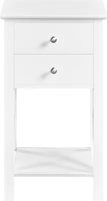 A white nightstand with two drawers and a shelf.