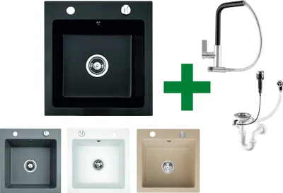 Produktbild von [Granitspüle 48x50  in verschiedenen Farben +Armatur Side] Hochwertig beidseitig Montierbar Küchenspüle Eckig Einbaugranitspüle Granit Spülbecken f. Unterschränke ab 45 cm inkl. Siphon Set, Farben:Beige