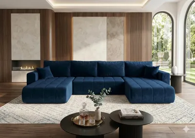 Produktbild von CORNERO Ecksofa LARA mit Schlaffunktion und Bettkasten Couch Sofa U-Form Eckcouch Wohnlandschaft mit Schlaffunktion Velourstoff Dunkelblau