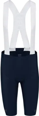 A pair of navy blue cycling shorts with white suspenders, shown from the front.