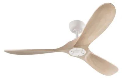Obrázok produktu pre 7214 Biely kovový stropný ventilátor, 132 cm, jednosmerný motor s výkonom 26 W, 3 lopatky z bieleného dreva, s diaľkovým ovládaním a 6 rýchlostnými stupňami – Perenz