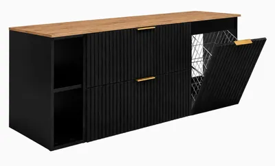 Zdjęcie produktu dla Zestaw mebli łazienkowych z koszem na pranie, kolor: czarny / dąb craft / uchwyty: czarne, wymiary: 140 x 57 x 46 cm, Obraz wygenerowany przez AI
