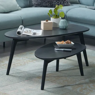 Produktbild von WOHNLING Couchtisch 2er Set Mango Massivholz Wohnzimmertisch Schwarz Satztisch Holztisch Nierenform Kaffeetisch Retro Tischset 2-teilig Beistelltisch
