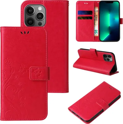 Produktbild von Handyhülle für Apple iPhone 13 Pro Floral Blumen Schmetterling Flip Cover Hülle Case Klapphülle Handytasche Farbe: Rot