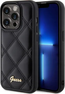Immagine prodotto di Custodia per cellulare iPhone 15 Pro Guess in ecopelle nera con logo color oro