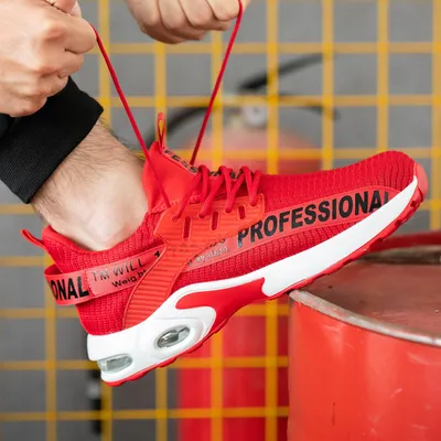 Imagen del producto de Zapatos de seguridad rojos, talla 46, transpirables, antideslizantes, con puntera de acero, para trabajar