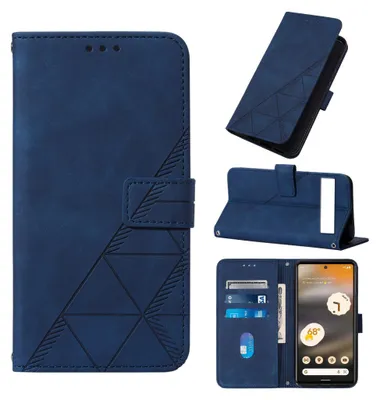 Collage of images showing a blue flip-style phone case from different angles, including one with a phone inserted and cards in the slots.