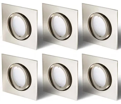 Image de Lot de 6 spots encastrables en fer brossé, 68 mm, trou carré et fermeture à baïonnette, avec module LED 5 watts, 400 lumens, blanc chaud 2700 K, ultraplats, pivotants à 30 mm.