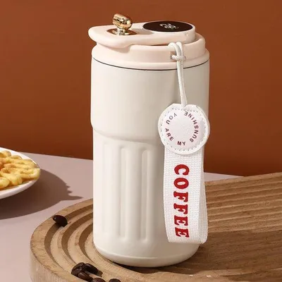 Obrázok produktu pre Izolovaný pohár na kávu – 414 ml, nerezová oceľ – vákuovo izolovaný – indikátor teploty – pohár na kempovanie – odolné, nepretekajúce veko – prenosný, izolovaný pohár na kávu – biely