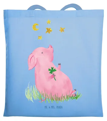 Produktbild von Mr. & Mrs. Panda Tote Bag Schwein Glück - Sky Blue - Geschenk, Glücksbringer, Schultasche, Sterne, Träume, Motivation, Laptoptasche, Baumwolltasche, Tasche, Shopping