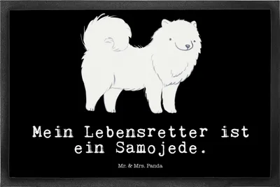 Produktbild von Mr. & Mrs. Panda Fußabtreter Samojede Lebensretter 50 x 75 cm - Schwarz - Geschenk, Schmutzfangmatte, Samojedenspitz, Schmutzmatte, Fußabstreifer, Fussmatte, fußmatte