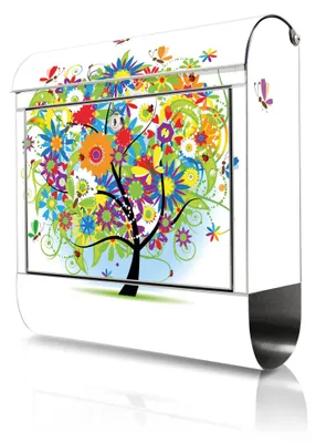 Produktbild von banjado Edelstahl Briefkasten mit Zeitungsfach mit Motiv Märchenzauberbaum großer Design Postkasten rostfrei, A4 Einwurf [BKGE2 10149]